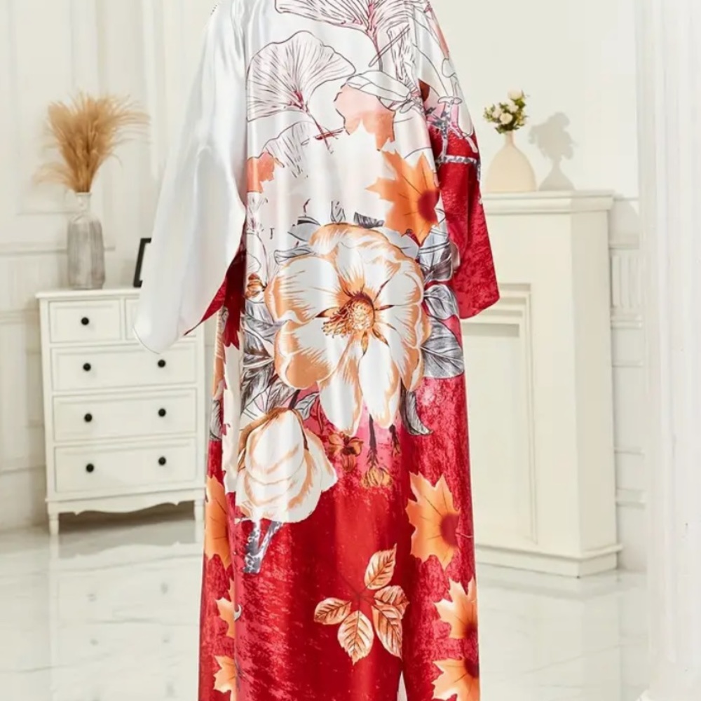 Red And White Floral Kimono Resort Vacation Wear Beach Cover Up Belted One Size - Picture 3 of 5